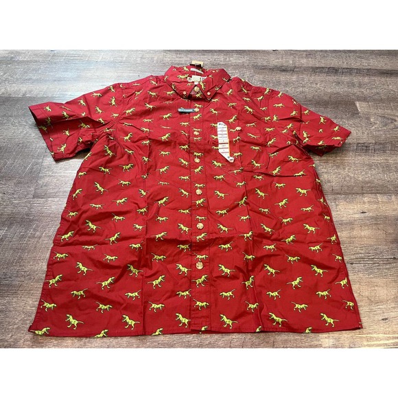 Duluth Trading Mens Slim Fit Button Up Shirt Size XL Shortsleeve Red w/ dinos O7 - Picture 1 of 7